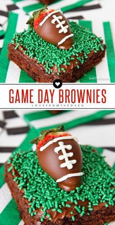 two chocolate brownies with green sprinkles and football decorations on top are shown