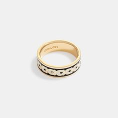 This ring is crafted of polished smooth enamel detailed with our Signature. It’s embellished with sparkling crystals for a touch of shine. | Coach Signature Enamel Ring - Women's Size 7 - Gold/black Coach Ring, Coach Jewelry, List Ideas, Jewelry Lookbook, Enamel Ring, Women Accessories Jewelry, Sparkling Crystal, Christmas List, Gold Black