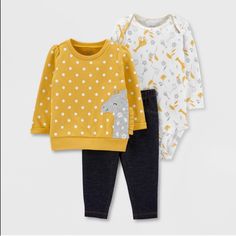 Nwt Giraffe Animal Print Onesie With Polka Dot Sweater. Sold As A Set. Yellow Long Sleeve Winter Sets, Yellow Cotton Fall Set, Playful Fitted Yellow Tops, Fitted Playful Yellow Tops, Fitted Yellow Playful Tops, Yellow Playful Fitted Tops, Cute Yellow Cotton Sets, Fitted Yellow Tops For Playtime, Playful Yellow Long Sleeve Sets