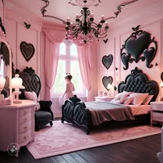 a bedroom decorated in pink and black with hearts on the wall