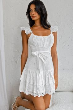 Fairytale Ending Ruffle Strap Eyelet Dress White by Selfie Leslie