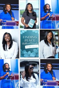 a collage of photos showing the same woman speaking at a podium, and holding a book in her hand