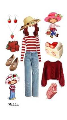 the doll is wearing red and white striped shirt, blue jeans, straw hat, strawberry short