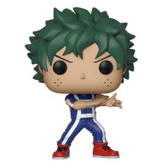 a pop vinyl figure with green hair and black eyes, holding a red object in his hand