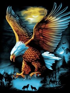 an eagle with its wings spread in front of the moon