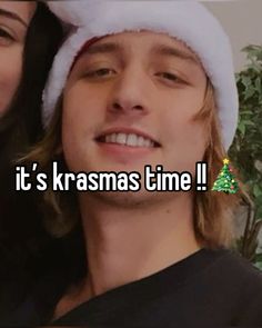 two people wearing christmas hats with the caption it's krasmas time