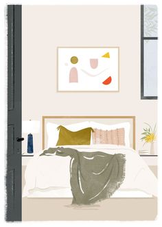 an illustration of a bedroom with a bed and paintings on the wall above it,