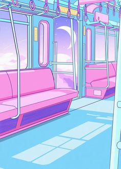 the interior of a subway car with pink and blue seats, in front of a purple sky