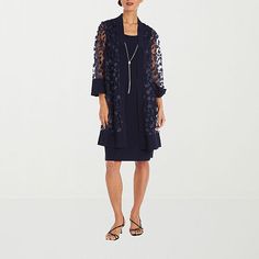 This R & M Richards women's jacket and dress set is a stylish feminine ensemble you'll love wearing to your next event. The set includes a sleeveless knee-length dress and a matching semi-sheer jacket featuring floral applique, 3/4 sleeves and an open front design. Wear them with your favorite heels and earrings. # Pieces In Set: 2Included: 1 Jacket(s)2nd Piece Description: Jacket2nd Piece Closure Type: Pullover Head2nd Piece Neckline: Round Neck2nd Piece Sleeve Style: Fitted Sleeve2nd Piece Sle Elegant Festive Jacket Dress For Formal Occasions, Elegant Formal Jacket Dress For Festive Occasions, Spring Evening Jacket Dress, Knee-length, Spring Evening Knee-length Jacket Dress, Festive Elegant Jacket Dress For Party, Elegant Festive Party Jacket Dress, Festive Elegant Party Jacket Dress, Elegant Summer Party Outerwear, Knee-length Evening Jacket Dress