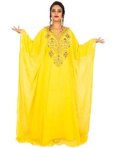 Mashallah! ❤️ Chic Party kaftan farasha patterned Yellow 👗 Order Online latest Embroidered Kaftan which are made up from best quality fabrics with latest styles from our large collections at https://bit.ly/3eafqPe Shop Now : https://bit.ly/3Brz43o Buy online @ $70 #kaftanmaxidresses #longkaftans #maxikaftans #muslimovergarments #designerkaftan #kaftandressespakistani #arabicattire #caftan Kids Yellow Dress, Chiffon Kaftan, Dubai Abaya, Zari Embroidery, Moroccan Kaftan, Dress With Embroidery, Long Kaftan, Chic Party, Yellow Shop