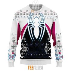 Swing into the holiday spirit with our Spider-Gwen Costume in Spider-Verse Christmas Ugly Sweater. Unleash your inner superhero and festive flair with this unique sweater. Featuring Spider-Gwen's iconic costume in a Christmas theme, it's the perfect blend of Marvel magic and holiday cheer. Stand out at holiday gatherings and let your fandom shine. A must-have for Spider-Verse enthusiasts and those who love to make a statement! Product Information Material: 95% Polyester, 5% Spandex ... White Ugly Christmas Sweater, Spiderman Sweatshirt, Spiderman Cartoon, Image Spiderman, Marvel Gifts, Cozy Knit Sweater, Sweatshirts Pattern, Sweater Gift, Thanksgiving Gift