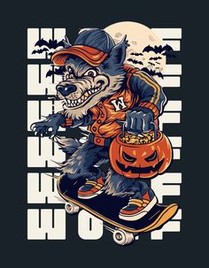 a wolf riding a skateboard with a jack - o'- lantern on it