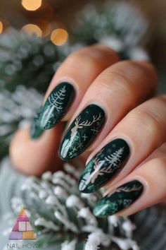 Celebrate the winter season with these green and gold nail designs, sprinkled with white snowflakes and noble deer. These fun spring nails are also perfect for festive occasions. Visit NailHow.com for more seasonal nail art ideas. Dark Green Nails With Snowflake, Green And White Star Nails, Green Nails With Gold Stars, Green And Gold Celestial Nails, Winter Forest Nails, Silk Wrap Nails, Neon Green Nails, Gold Nail Designs, Nail Prices