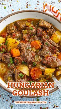 Hungarian Goulash is a hearty beef soup or stew from Hungary that's loaded with vegetables and spiced with vibrant paprika, so comforting and easy to make! Hungarian Goulash, Beef And Vegetables, Goulash Recipe, Hungarian Cuisine, Goulash Recipes, Spicy Soup, Hungarian Recipes, Vegetable Stew, Beef Soup