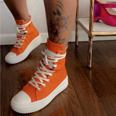 Orange High Top Canvas Sneakers Spring Ankle-high Sneakers With Laces, Lace-up Sneakers For Leisure In Summer, Lace-up Leisure Sneakers For Summer, Leisure Lace-up Sneakers For Summer, Summer Lace-up Leisure Sneakers, Spring High-top Sneakers With Laces For Streetwear, High-top Sneakers With Laces For Streetwear In Spring, Trendy Summer Leisure Sneakers, Comfortable Lace-up High-top Sneakers For Spring