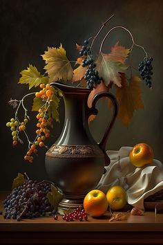 a painting of grapes, oranges and other fruit in a vase on a table