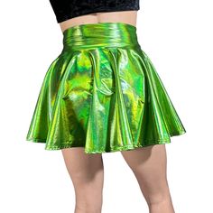 Stretch holographic dark lime holographic high-waisted skater skirt. The shimmery fabric shows a rainbow of colors in the light and swings and twirls with movement. The skirt length is 15.5" from top to bottom - but if you'd like it shorter, please say so in the comments. Shimmery Fabric, A Rainbow, Skirt Length, Skater Skirt, High Waisted, Rainbow, Skirt, Fabric