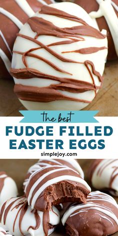 the best fudge filled easter eggs with chocolate drizzled on top and white frosting