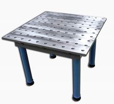 a metal table with blue legs and holes on the top is shown in front of a white background