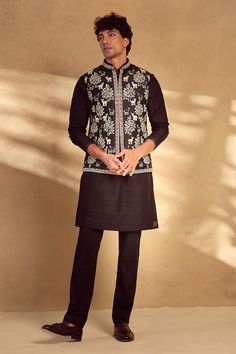 Black bundi with all-over forest patterns and welt pockets. Comes with kurta and pant. - Aza Fashions Forest Pattern, Nehru Jackets, Kurta Set, Type Of Pants, Welt Pockets