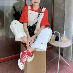 Red Hearts Jumpsuit Investigation Outfits, Red Aesthetic Outfit Vintage, Red Style Outfit, Love Core Outfits, Love Core Aesthetic Outfits, Cute Red Outfits, Lovecore Aesthetic Outfit, Lovecore Outfits, Retro Aesthetic Outfit