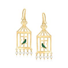 Ross-Simons - Italian 4-4.5mm Cultured Pearl, Green Enamel Bird Cage Drop Earrings Over Sterling. Little green enamel birds are perched inside these shiny bird cage drop earrings, for a sweet look any animal lover will adore. The pair finishes with pretty 4-4.5mm cultured freshwater pearl fringe. Made in Italy of brushed and polished 18kt yellow gold over sterling silver. Hanging length is 2 3/8". Earwire, white pearl and green enamel bird cage drop earrings. Pearl birthstones are the perfect gi Pearl Fringe, Pearl Birthstone, Earrings Pearl, Pearl Types, Rings Cool, Green Enamel, Fine Jewellery Earrings, Pearl Drop Earrings, Bird Cage