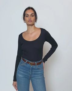 Elaine Long Sleeve - Jet Black | NATION LTD Fall Scoop Neck Long Sleeve Top For Everyday, Fall Long Sleeve Scoop Neck Top For Layering, Fall Long Sleeve Top For Layering With Scoop Neck, Long Sleeve Top With Thumbholes, Effortless Long Sleeve Fitted Tops, Nation Ltd, Scoop Neck Long Sleeve, Jet Black, Scoop Neck