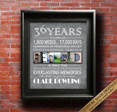 a brick wall with a framed poster on it that says 30 years and the words below it