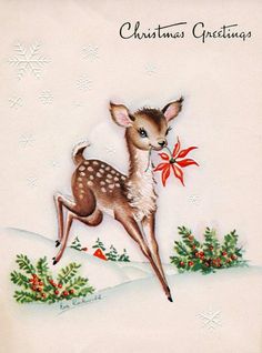 a christmas card with a deer holding a bow