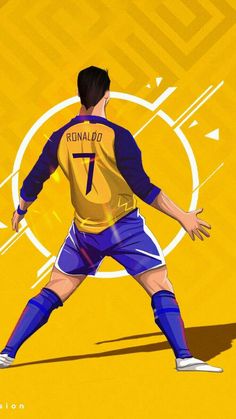 a painting of a soccer player with the number 1 on his shirt and shorts, standing in front of a yellow background