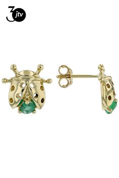 Pre-Owned .14ctw Round Green Sakota Emerald Solitaire, 10k Yellow Gold Children's Ladybug Stud Earrings. Measure approximately .35"L x .35"W. Push Backs..  This product may be a customer return, vendor sample, or on-air display and is not in its originally manufactured condition.  It may not be new.  In some instances, these items are repackaged by JTV. Emerald, Yellow Gold, Stud Earrings, Yellow, Green, Gold