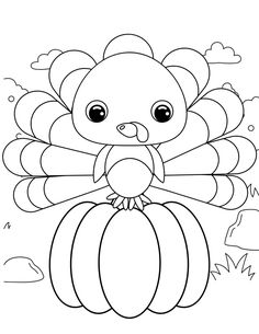 a turkey sitting on top of a pumpkin with clouds in the sky behind it coloring page