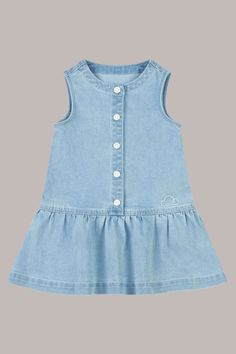 Made from a soft cotton, recycled polyester, and a touch of spandex, it has the perfect amount of stretch for jumping, running, and exploring. Blue Cotton Denim Playtime Dress, Summer Cotton Sleeveless Dress For Playdate, Blue Cotton Denim Dress For Playtime, Cotton Sleeveless Dress For Summer Playdate, Denim Summer Dress For Playdate, Cute Denim Blue Summer Dress, Playful Cotton Sleeveless Dress For Playdate, Blue Denim Summer Dress For Playtime, Cute Denim Dress For Playdate