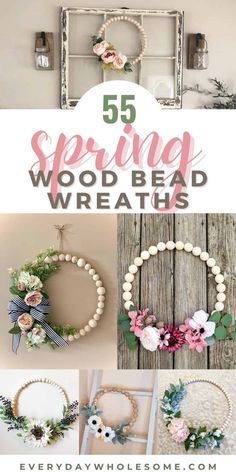 the top five spring wreaths that are made with wood beads, flowers and greenery