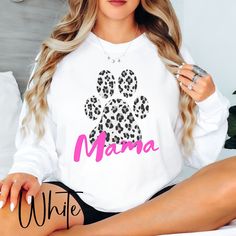 It's getting cooler, so time to add some long sleeve comfort colors shirts to your wardrobe! This is a cute leopard print dog mama shirt, the colors and pattern give it a Retro vibe, think 80s or 90s. :) ! These make a really fun Christmas present for dog mamas, dog moms, and new dog moms!  This is a unisex design, making it a good style to consider for couples shirts, or if you want a shirt that either a man or woman can wear (and look super cute!) This style is very similar to the short sleeve Long Sleeve Cotton T-shirt With Dog Print, Cotton Long Sleeve T-shirt With Dog Print, Trendy Long Sleeve T-shirt For Mother's Day, Casual Long Sleeve T-shirt With Dog Print, Dog Mom Shirt Ideas, Leopard Paw Print, Couples Shirts, Dog Mama Shirt, Dog Mom Tee