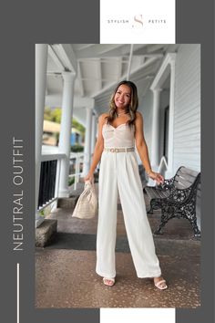 A lady wearing a white tube top and white trousers Summer Neutral Outfits, Neutral Summer Outfits, Tan Belt, Amazon Must Haves, Monochromatic Outfit