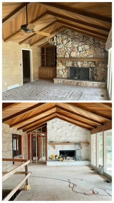 before and after pictures of an unfinished living room with exposed wood beams, stone fireplace and open floor plan