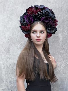 "Floral Wreath on the head \"Magic\" The wreath is made in dark colors. The black color of the flowers predominates with the addition of burgundy and purple flowers.  The wreath has a size XL. The height of the flower part in the center of the crown is 15-17 cm. The crown has a universal size. Floral wreath. Made of artificial flowers and leaves. Only the highest quality flowers are used. All colors are selected according to the design of the wreath. The wreath is very convenient to use. Can be used as an element of folk costume. Can be used for a floral image for a photo shoot. Can be used as an element of a dance costume. Very convenient to use. Does not require additional fastening. The wreath is made individually and has no repetitions. Ideal as a gift for friends and family.  When ord Head Wreath, Parts Of A Flower, Floral Image, Folk Costume, Dance Costume, Flowers And Leaves, Wedding Hair Accessories, Dance Costumes, The Crown