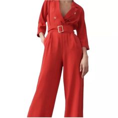 Zara Jumpsuit Nwt, Never Worn Size: Medium Color: Red Lapel Collar V- Plunge Neckline 3/4th Sleeves W/ Turned-Up Cuffs Hidden Zipper Closure On Left Removable Belt Gold Decorative Buttons. Zara Jumpsuit, Belt Gold, Red Belt, Plunge Neckline, Jumpsuit Trousers, Decorative Buttons, Zara Pants, Plunging Neckline, Lapel Collar