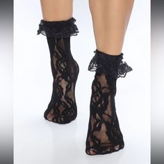 Lace Detail Ankle Socks Trendy Black Mid-calf Socks, Black Ankle-high Socks For Spring, Black Ankle-high Socks For Winter, Black Ankle-high Winter Socks, Black Mid-calf Socks For Spring, Black Spring Party Socks, Black Party Socks For Spring, Black Party Socks For Winter, Black Winter Party Socks