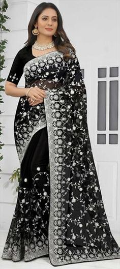 Black and Grey color Saree in Net fabric with Embroidered, Resham, Stone, Thread work Black Semi-stitched Embroidered Fabric With Pallu, Black Cutdana Embroidered Fabric For Traditional Drape, Semi-stitched Black Embroidered Fabric With Pallu, Black Cutdana Embroidered Saree Fabric, Black Embroidered Dupatta For Reception, Black Embroidered Cutdana Fabric For Festivals, Black Embroidered Fabric With Cutdana For Festivals, Traditional Black Saree With Floral Embroidery, Black Saree With Floral Embroidery In Traditional Drape