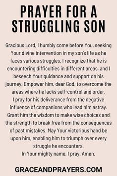 a prayer for a struggling son with an image of the words in black and white