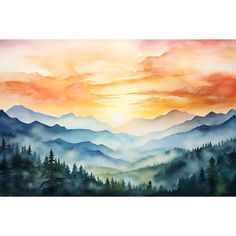 a painting of mountains and trees with the sun setting in the sky above them on a white background