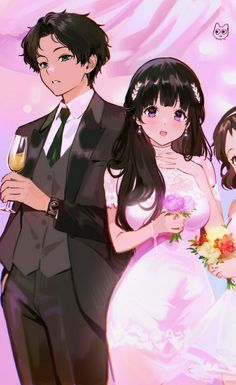 two people dressed in wedding attire holding wine glasses