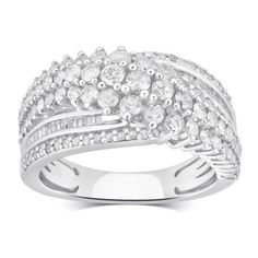 a white gold ring set with round diamonds on the sides and two rows of pave stones