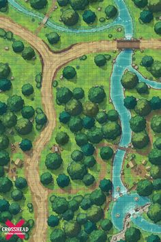 an aerial view of a river, road and bridge in the game sime map