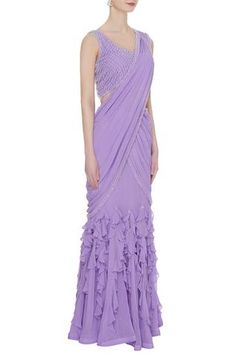 Shop for Arpan Vohra Purple Georgette Pre-draped Lehenga Saree With Blouse for Women Online at Aza Fashions Drape Lehenga, Ruffle Lehenga, Ruffle Saree, Blouse Purple, Embellished Neckline, Drape Saree, Embellished Blouse, Lehenga Saree, Blouse For Women