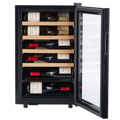 an open wine cooler with several bottles in it