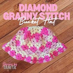 a pink and white crocheted hat with the words diamond granny stitch on it