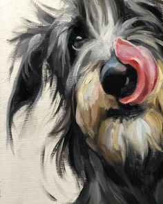 a painting of a black and white dog with a pink tongue on it's nose